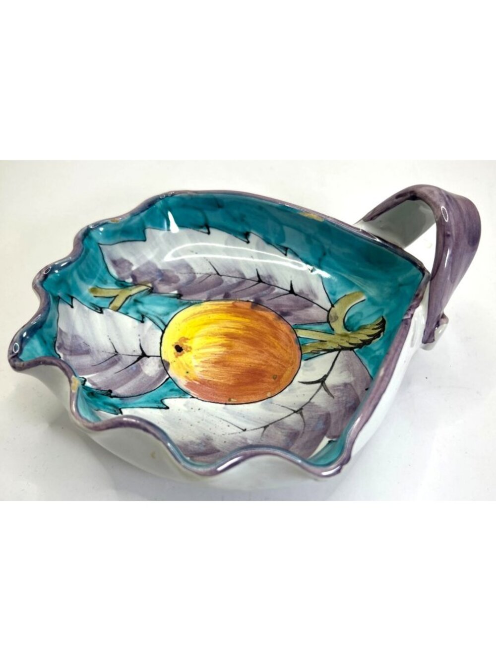 Hand-Painted Italian Ceramic Leaf-Shaped Bowl With Handle